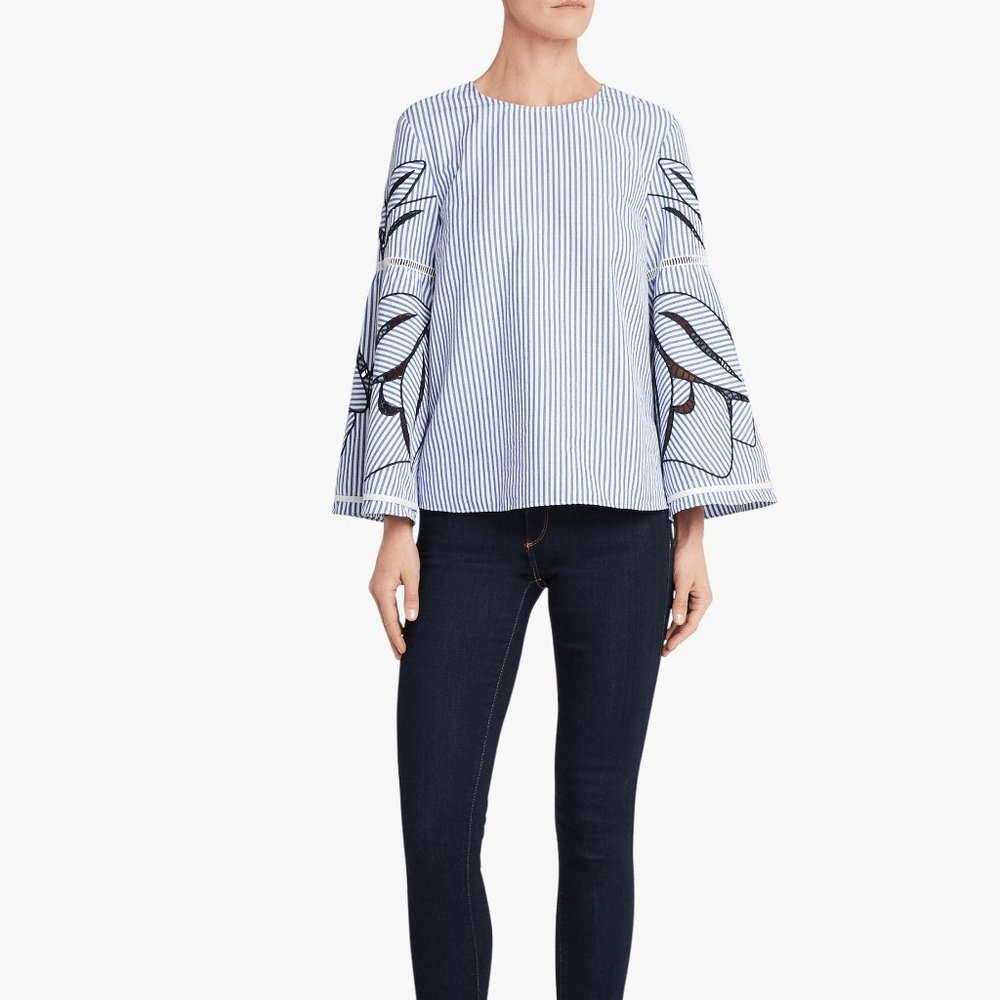 Tanya Taylor Martine Blue & White Striped Bell Sleeve Blouse with Floral Cutouts